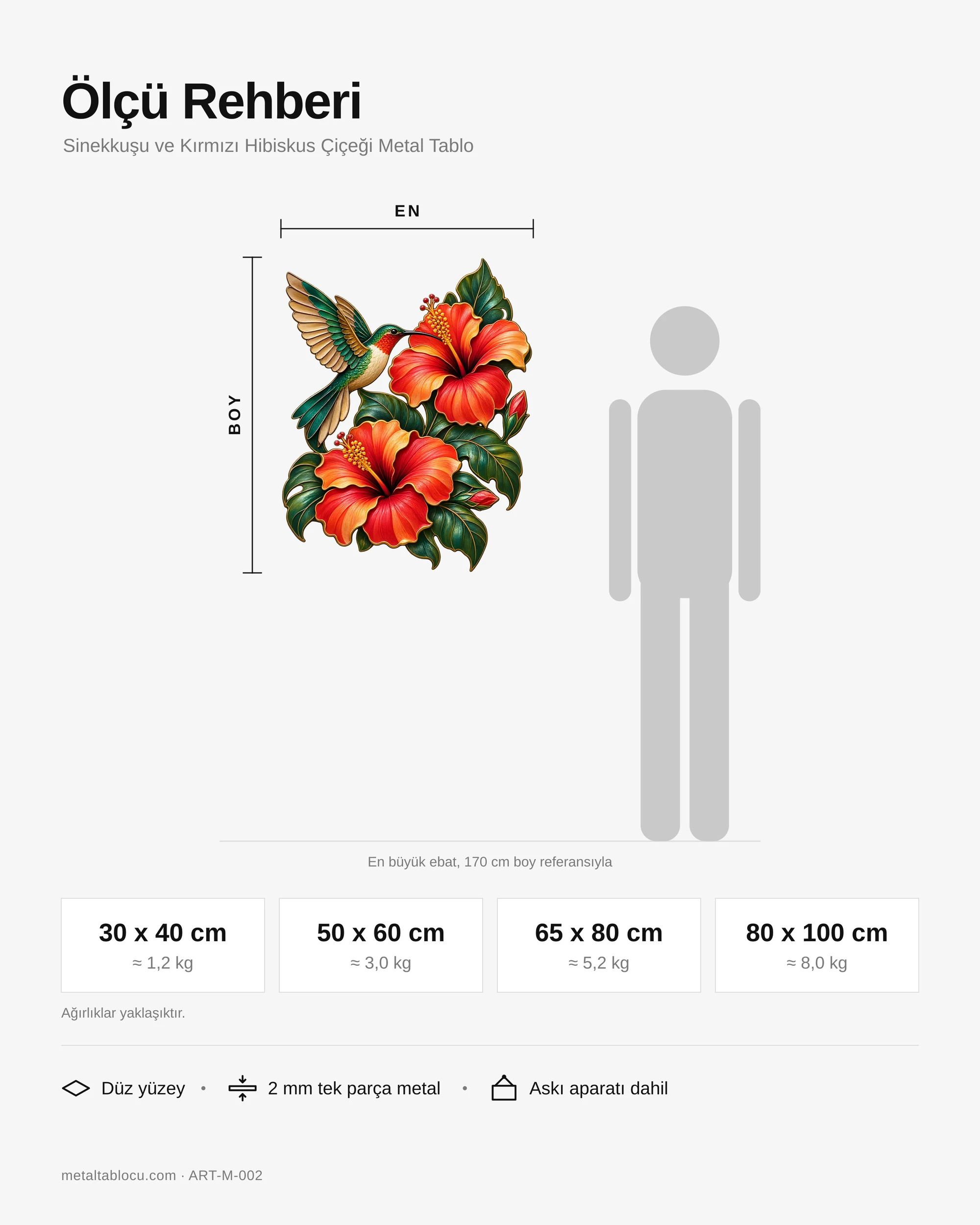 Sinekkuşu ve Kırmızı Hibiskus Çiçeği Metal Tablo – ölçü rehberi