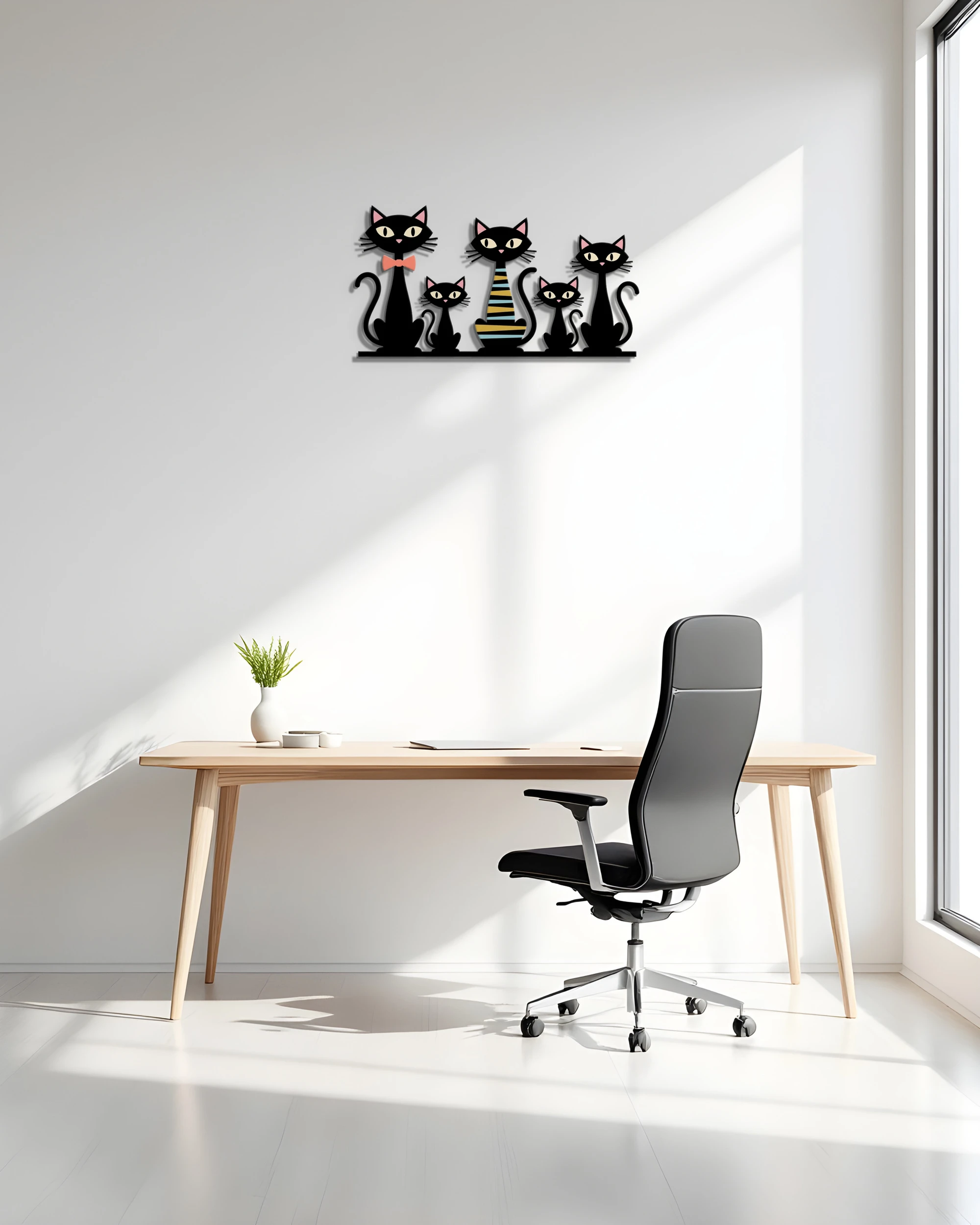 Siyah Kedi Ailesi Desenli Metal Tablo – ofis duvarında