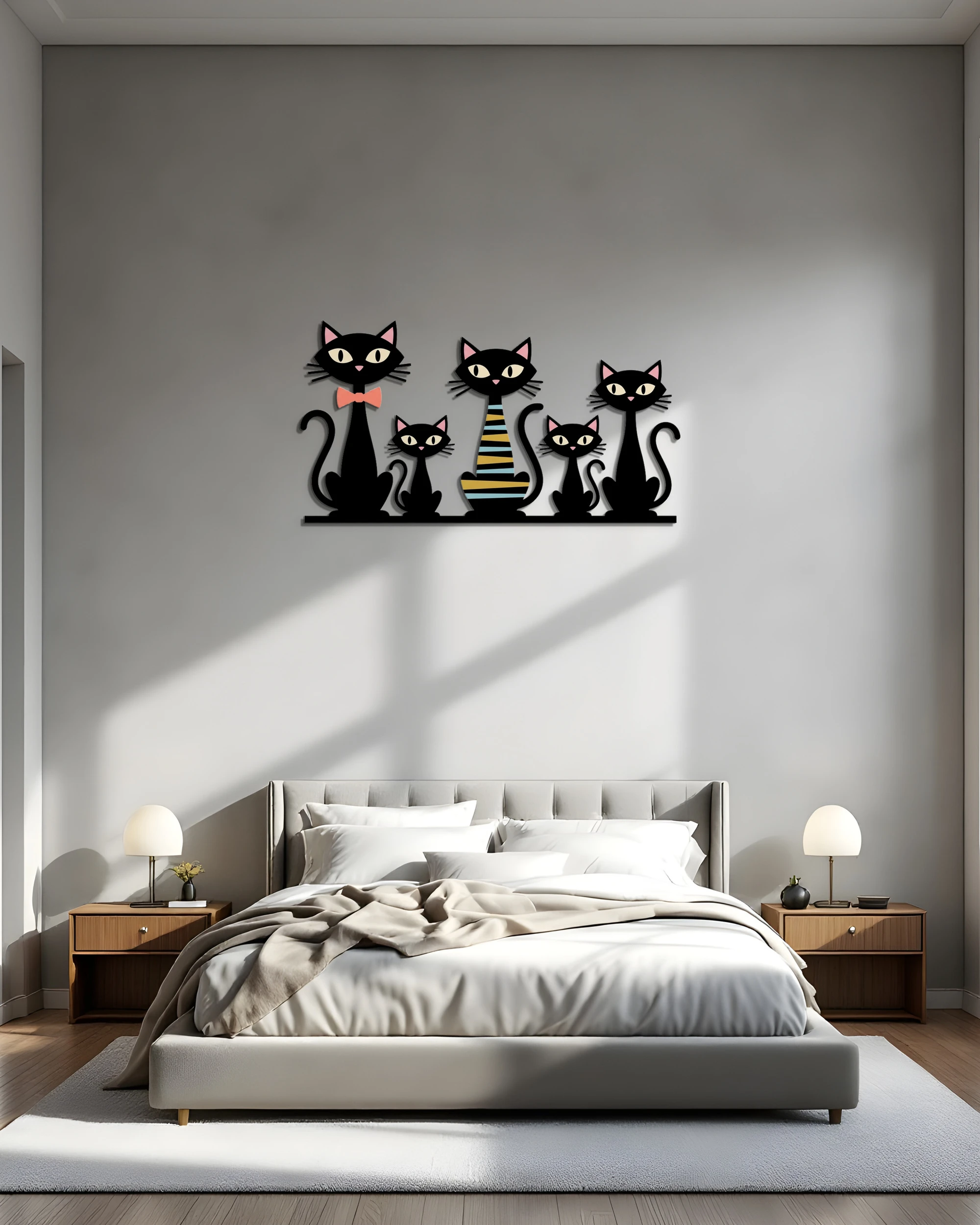 Siyah Kedi Ailesi Desenli Metal Tablo – yatak odası duvarında