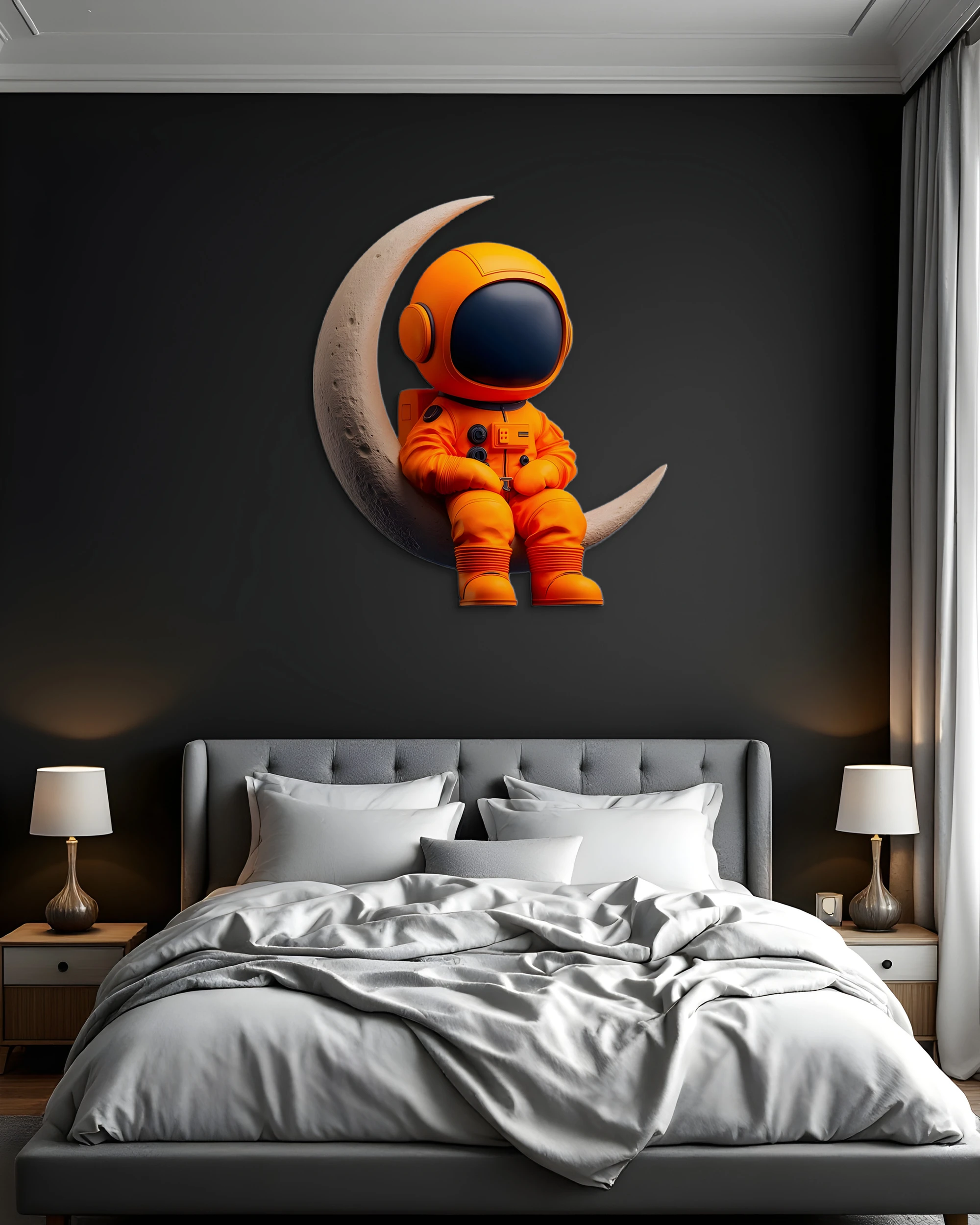 Turuncu Astronot Figürlü Ay Metal Tablo – yatak odası duvarında