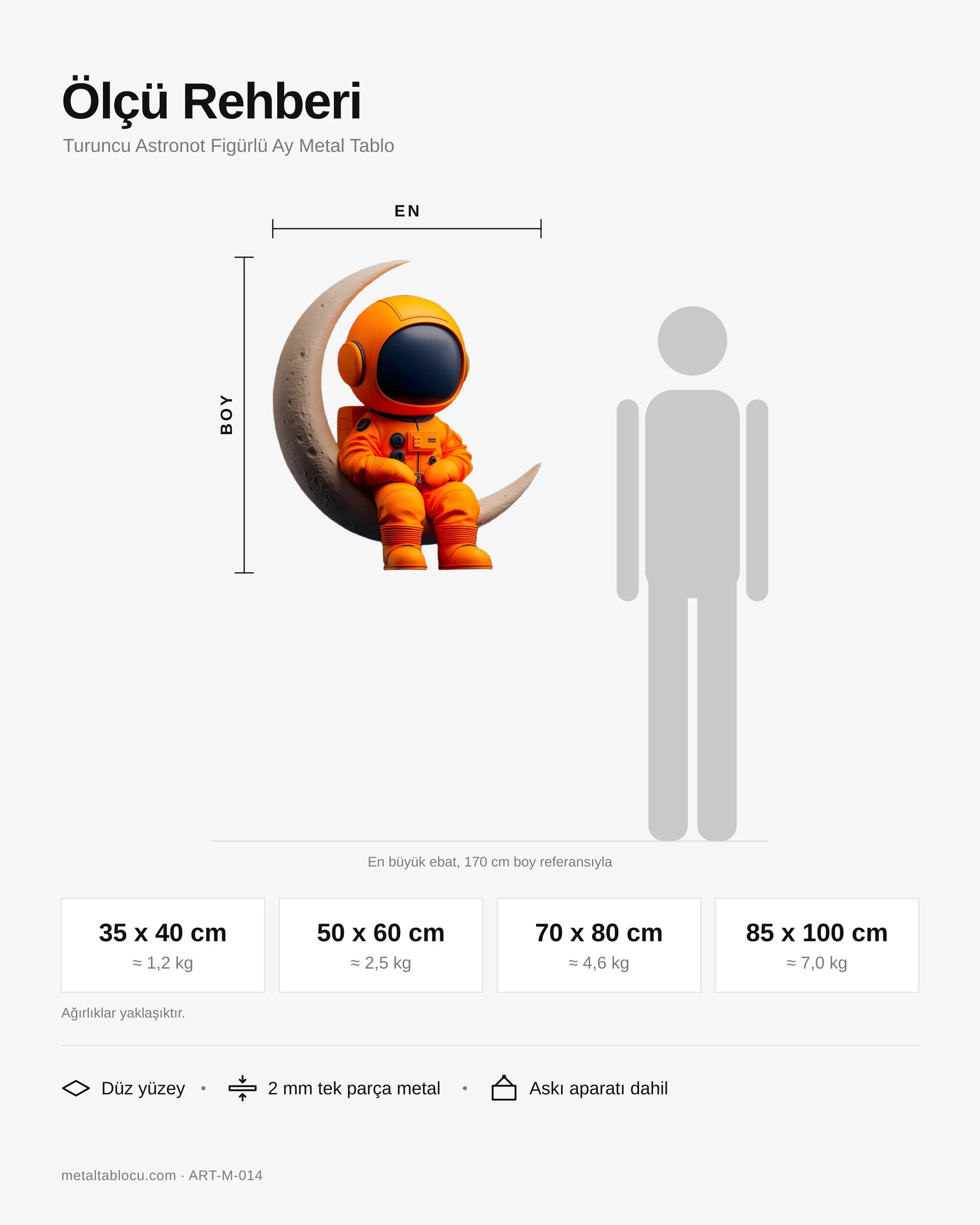 Turuncu Astronot Figürlü Ay Metal Tablo – ölçü rehberi