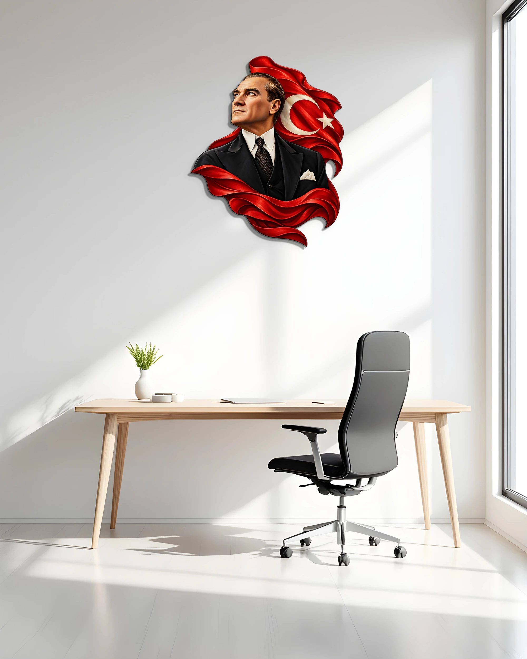 Atatürk ve Türk Bayrağı Portreli Metal Tablo – ofis duvarında