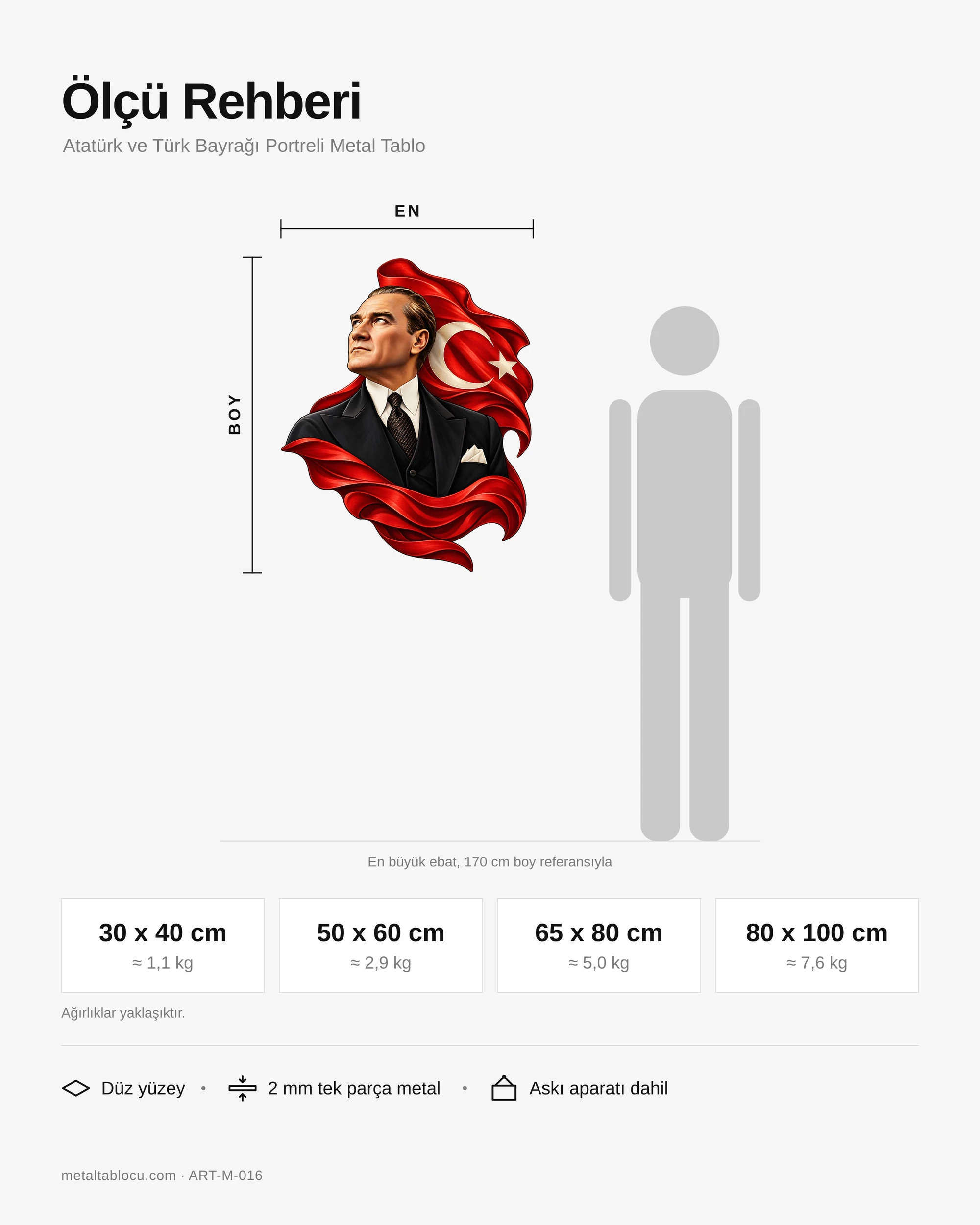Atatürk ve Türk Bayrağı Portreli Metal Tablo – ölçü rehberi