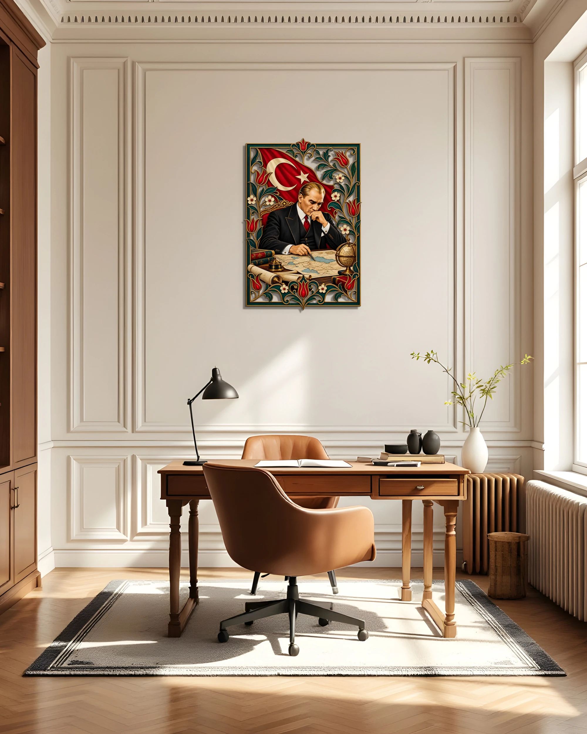 Atatürk Harita Başında Lale Çerçeveli Metal Tablo – ofis duvarında