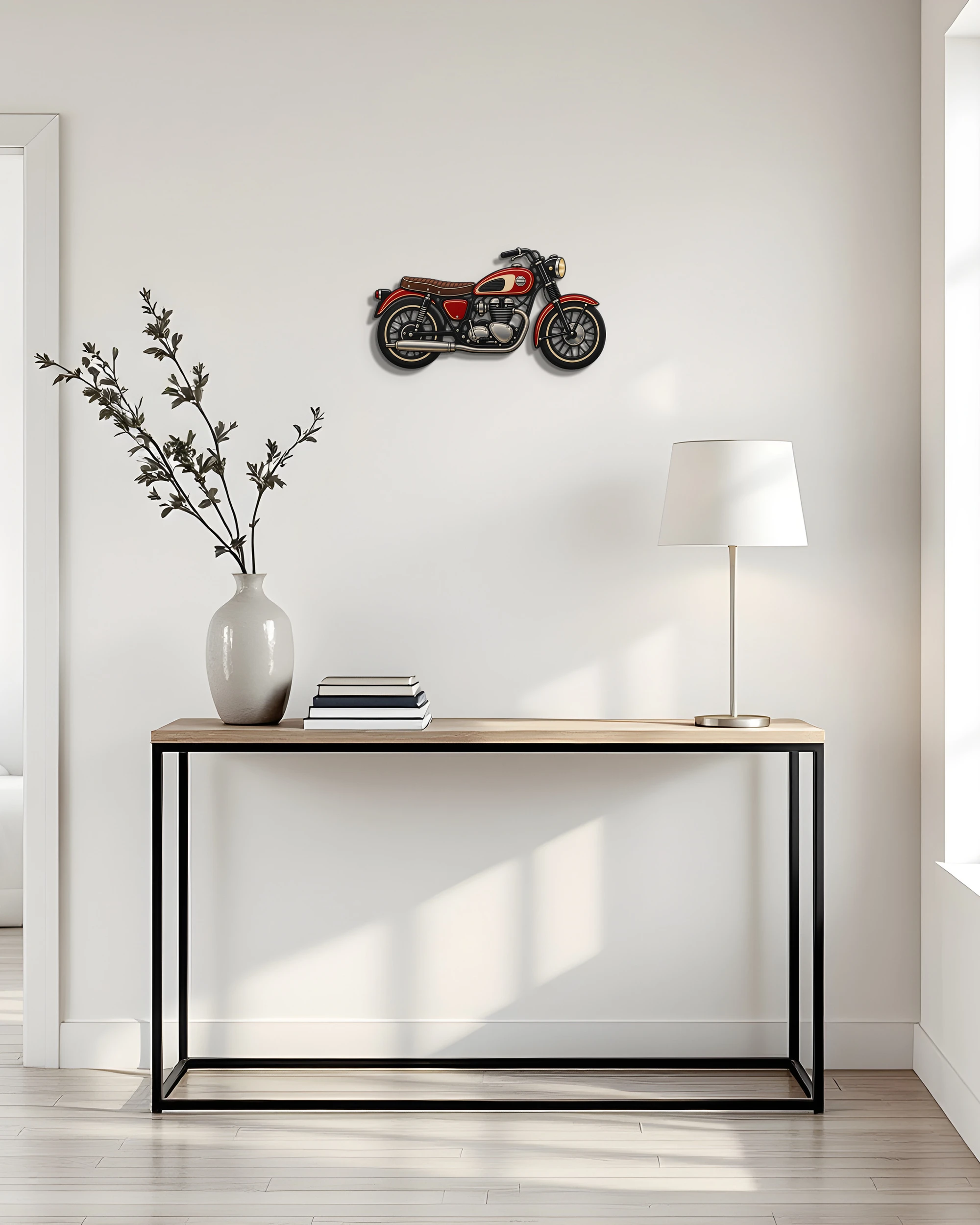 Kırmızı Klasik Motosiklet Metal Tablo – konsol üzerindeki duvarda
