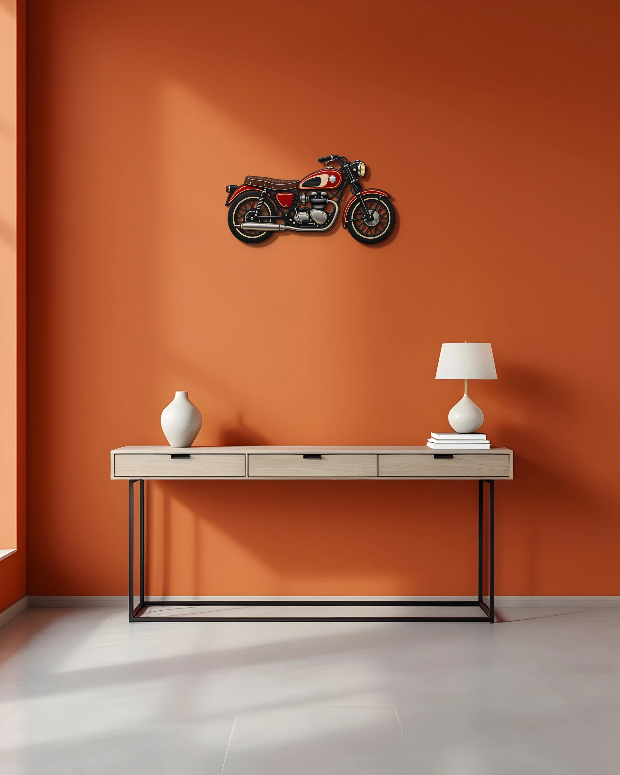 Kırmızı Klasik Motosiklet Metal Tablo – konsol üzerindeki duvarda