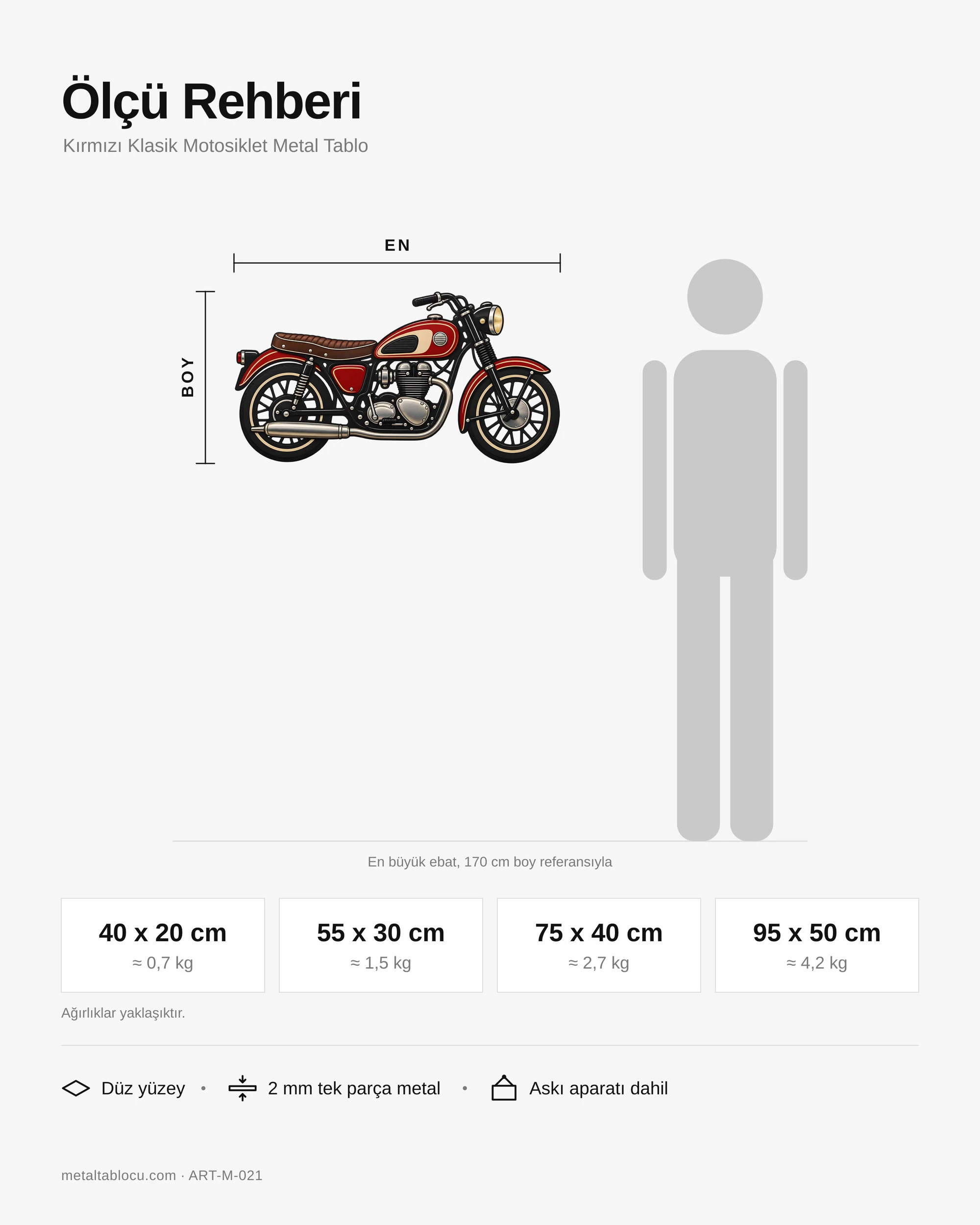 Kırmızı Klasik Motosiklet Metal Tablo – ölçü rehberi