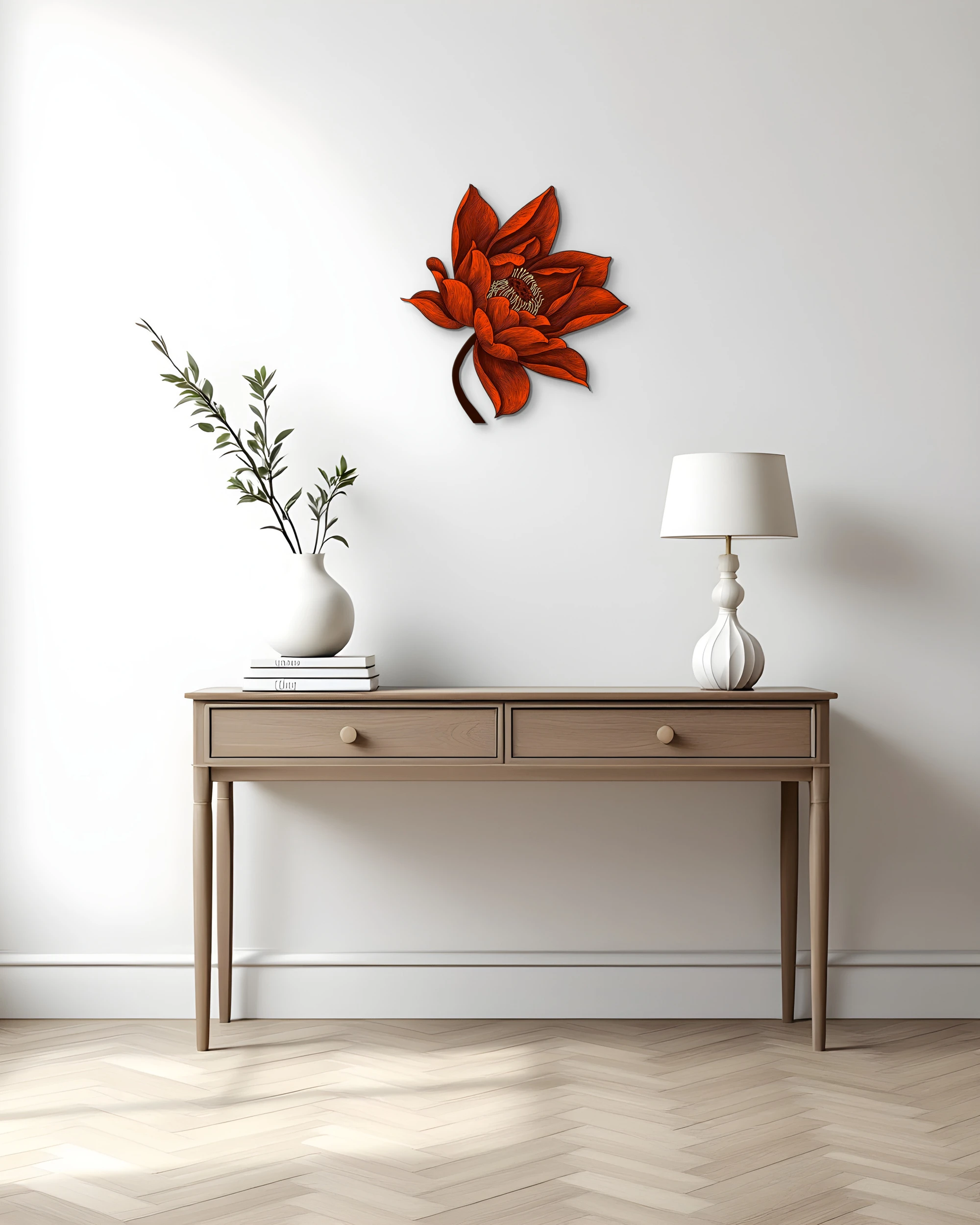 Turuncu Lotus Çiçeği Detaylı Metal Tablo – konsol üzerindeki duvarda