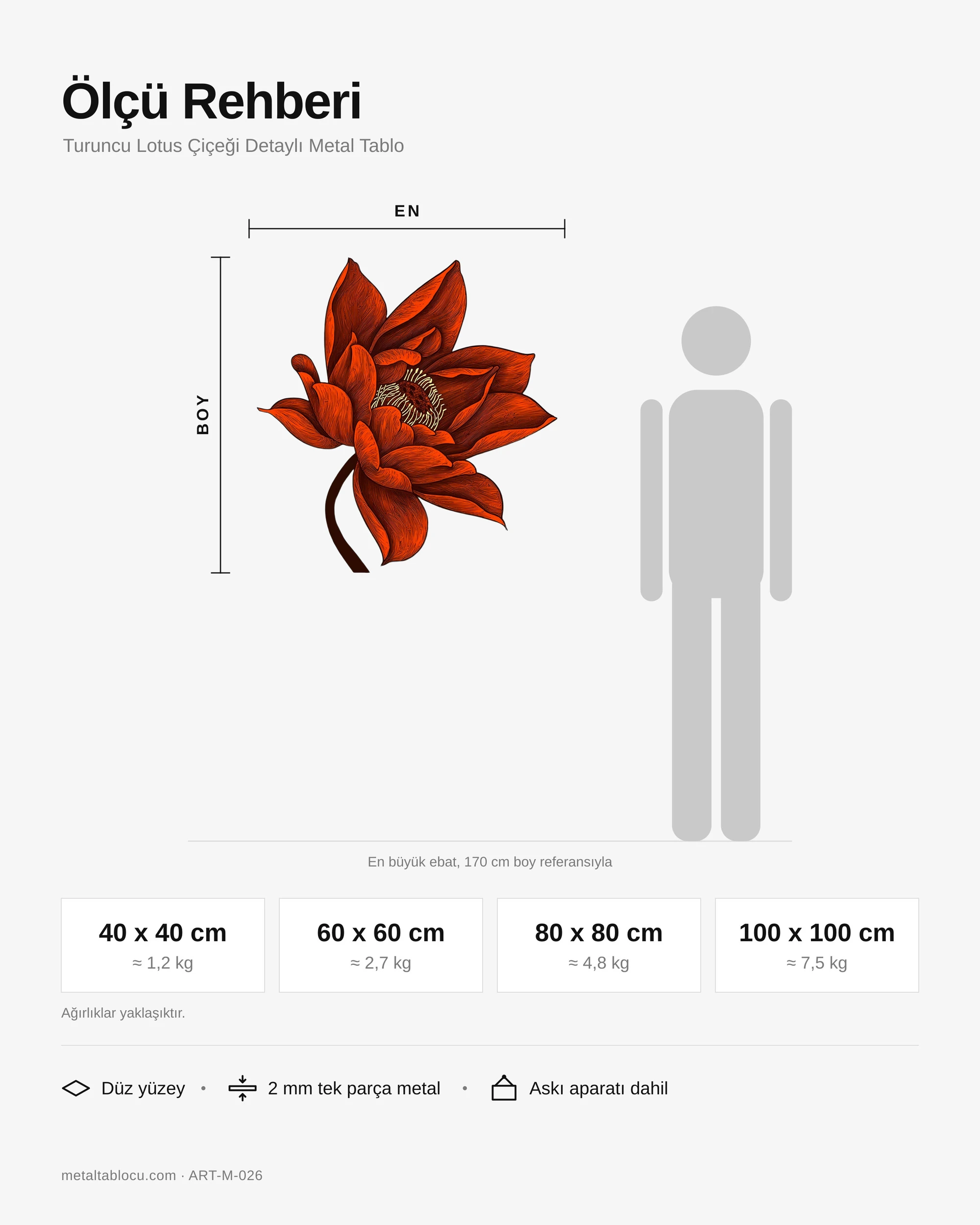 Turuncu Lotus Çiçeği Detaylı Metal Tablo – ölçü rehberi