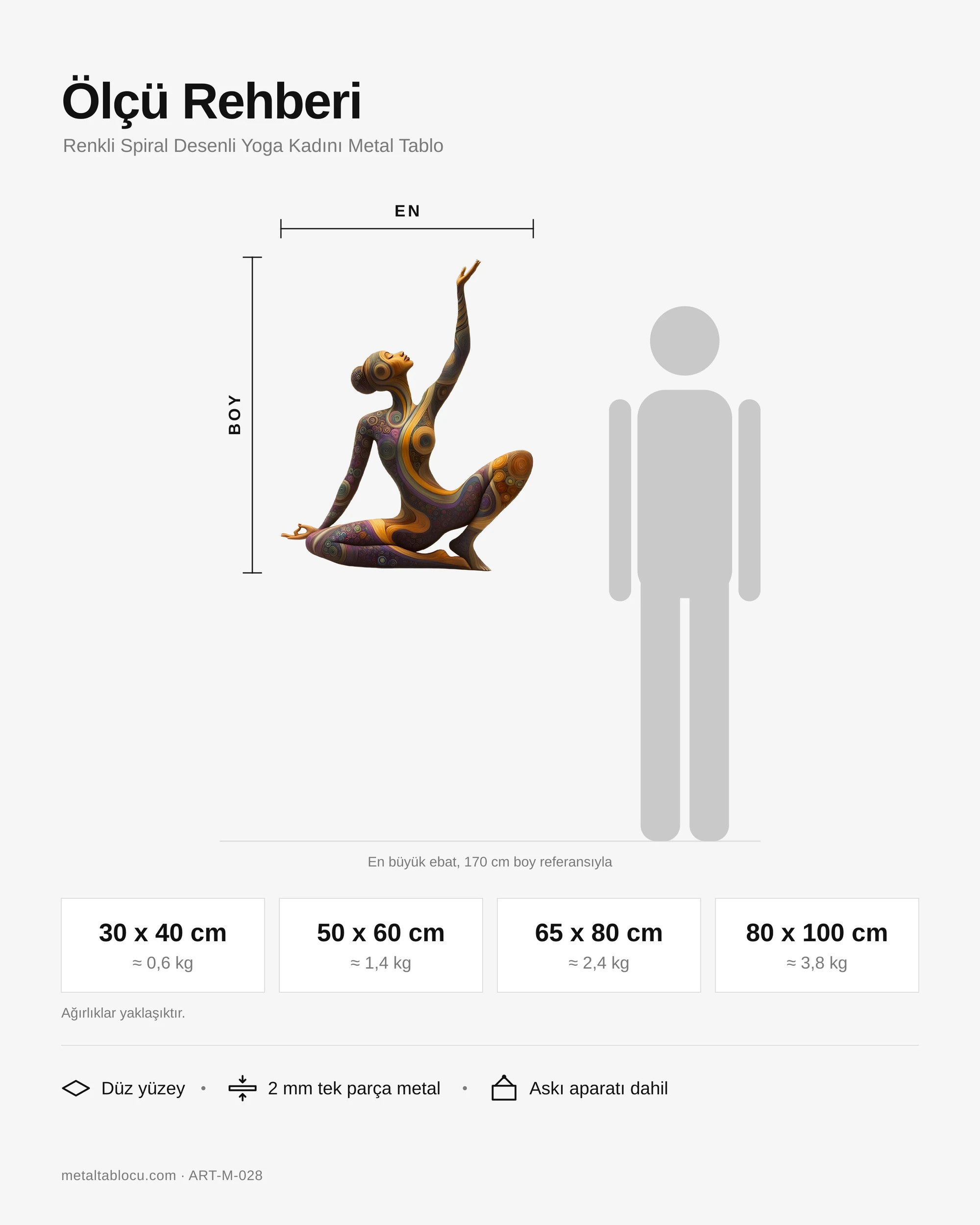 Renkli Spiral Desenli Yoga Kadını Metal Tablo – ölçü rehberi