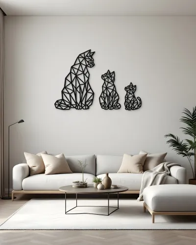 3 Parça Poligonal Kedi Ailesi Metal Tablo – salon duvarında