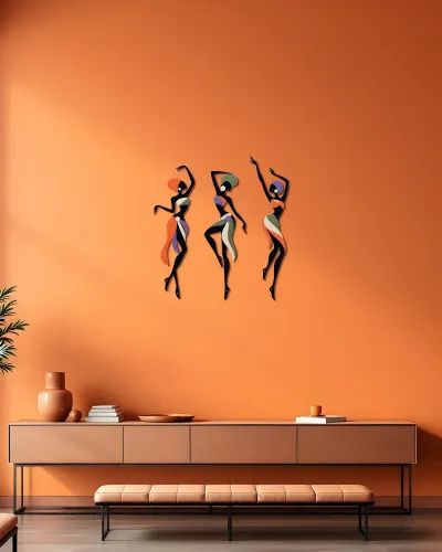 Afrika Dansçı Kadınlar 3 Parça Metal Tablo – duvarda görünüm