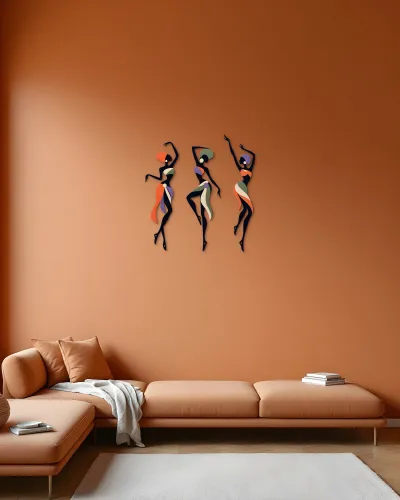 Afrika Dansçı Kadınlar 3 Parça Metal Tablo – duvarda görünüm