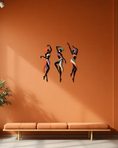 Afrika Dansçı Kadınlar 3 Parça Metal Tablo – duvarda görünüm