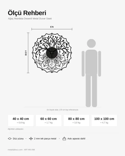 Ağaç Mandala Desenli Metal Duvar Saati – ölçü rehberi