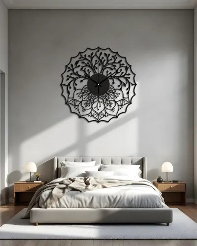 Ağaç Mandala Desenli Metal Duvar Saati – yatak odası duvarında