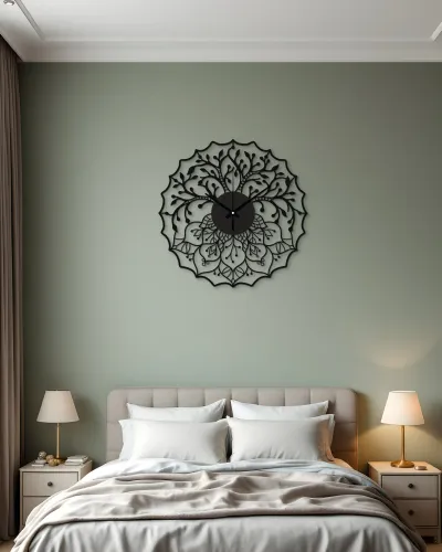 Ağaç Mandala Desenli Metal Duvar Saati – yatak odası duvarında