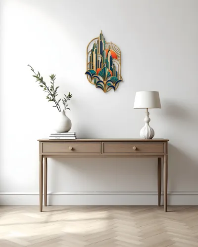 Art Deco Gökdelen Gün Batımı Metal Tablo – konsol üzerindeki duvarda