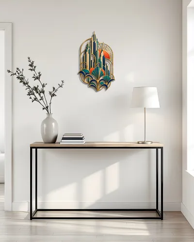 Art Deco Gökdelen Gün Batımı Metal Tablo – konsol üzerindeki duvarda
