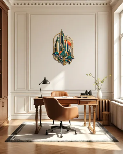 Art Deco Gökdelen Gün Batımı Metal Tablo – ofis duvarında