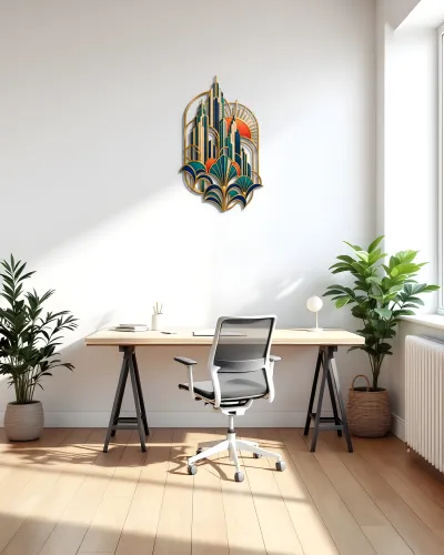 Art Deco Gökdelen Gün Batımı Metal Tablo – ofis duvarında