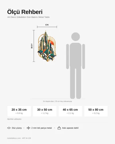 Art Deco Gökdelen Gün Batımı Metal Tablo – ölçü rehberi