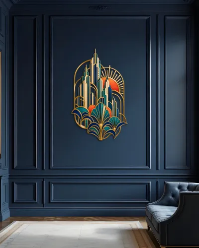 Art Deco Gökdelen Gün Batımı Metal Tablo – salon duvarında