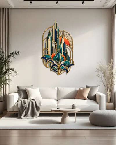 Art Deco Gökdelen Gün Batımı Metal Tablo – salon duvarında