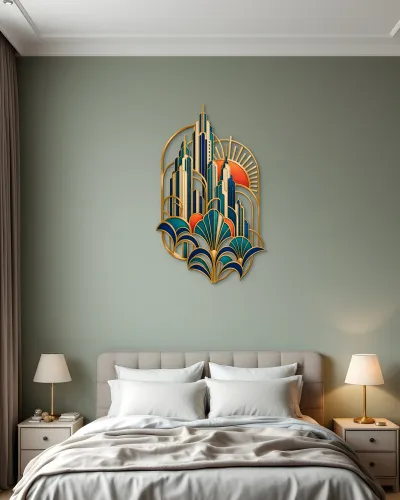 Art Deco Gökdelen Gün Batımı Metal Tablo – yatak odası duvarında