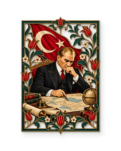 Atatürk Harita Başında Lale Çerçeveli Metal Tablo – beyaz zemin