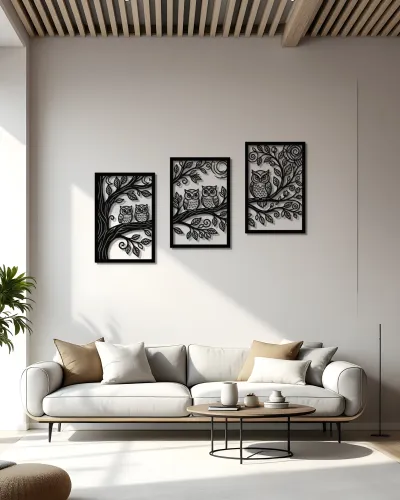 Baykuşlu Ağaç Dalları 3 Parça Metal Tablo – salon duvarında