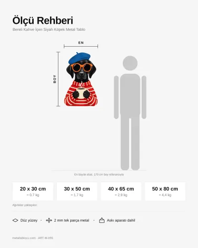 Bereli Kahve İçen Siyah Köpek Metal Tablo – ölçü rehberi