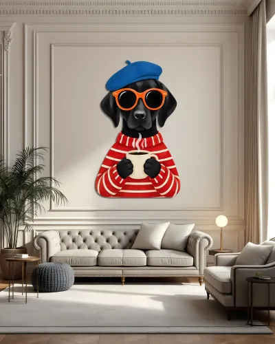 Bereli Kahve İçen Siyah Köpek Metal Tablo – salon duvarında