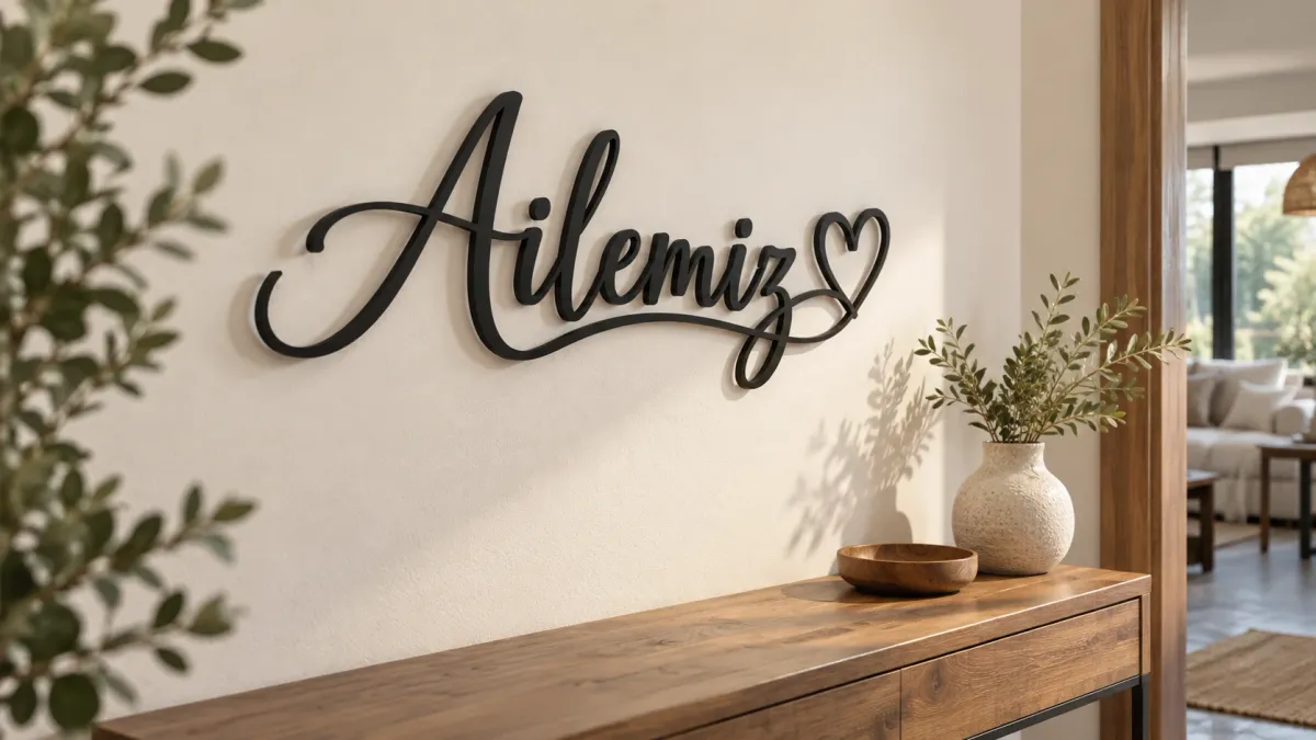 Antre duvarında asılı “Ailemiz” yazılı kişiye özel lazer kesim metal tablo