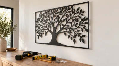 Duvarda asılı siyah metal tablo ve montaj için matkap, su terazisi, vida ve dübel