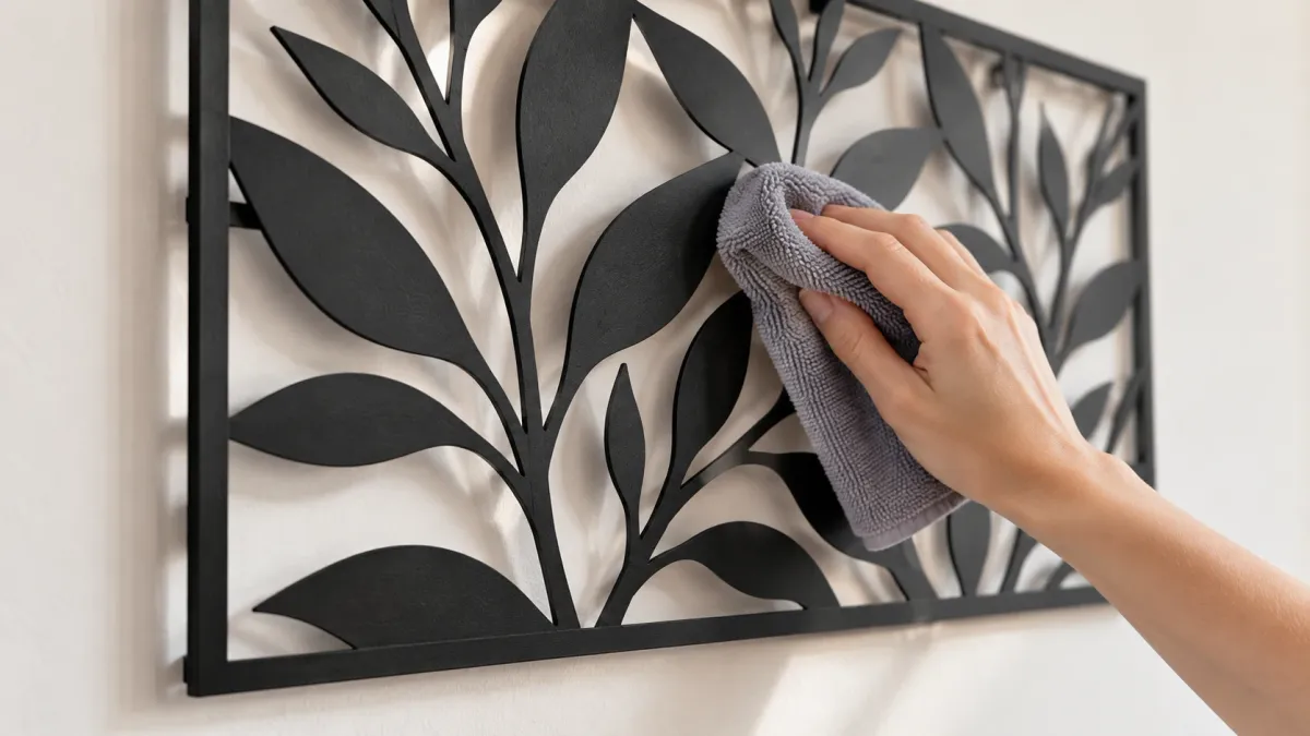Duvardaki siyah metal tablonun mikrofiber bezle temizlenmesi