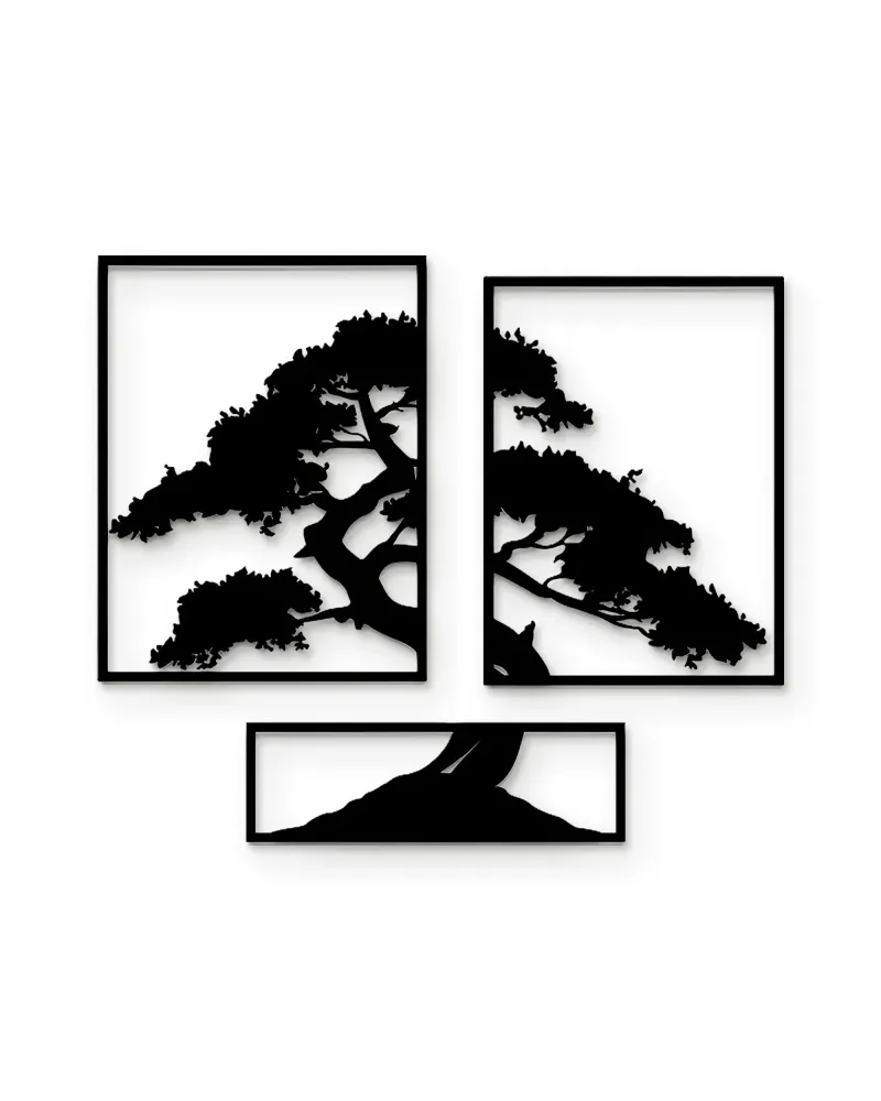 Bonsai Ağaç Desenli 3 Parça Metal Tablo – beyaz zemin