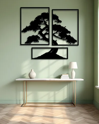 Bonsai Ağaç Desenli 3 Parça Metal Tablo – konsol üzerindeki duvarda