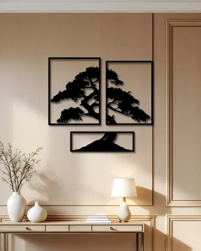 Bonsai Ağaç Desenli 3 Parça Metal Tablo – konsol üzerindeki duvarda