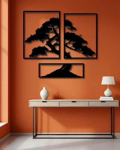 Bonsai Ağaç Desenli 3 Parça Metal Tablo – konsol üzerindeki duvarda