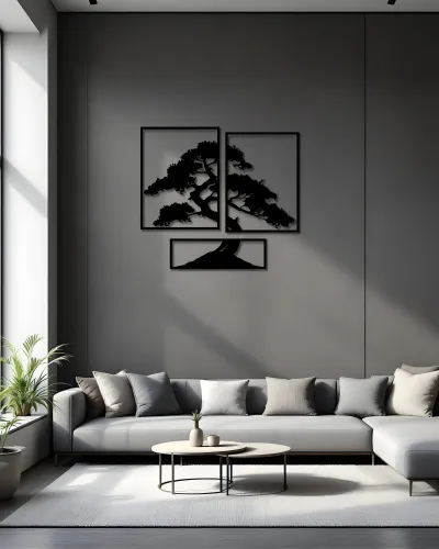 Bonsai Ağaç Desenli 3 Parça Metal Tablo – salon duvarında