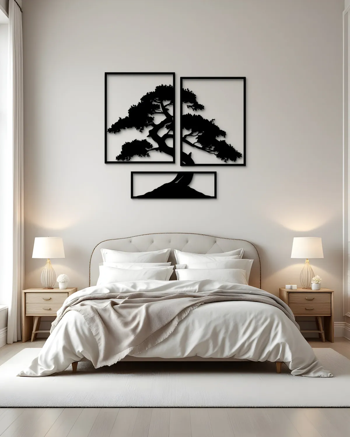 Krem yatak odası duvarında yatağın üstünde üç parçalı siyah bonsai ağacı metal tablo