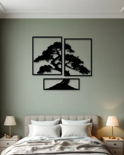 Bonsai Ağaç Desenli 3 Parça Metal Tablo – yatak odası duvarında