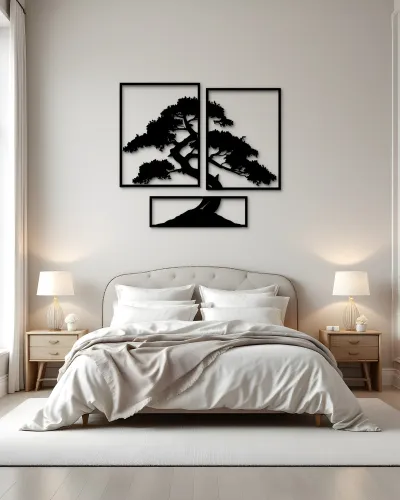 Bonsai Ağaç Desenli 3 Parça Metal Tablo – yatak odası duvarında
