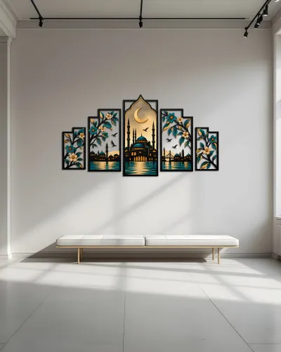Cami ve Hilal Desenli 5 Parça Metal Tablo – duvarda görünüm