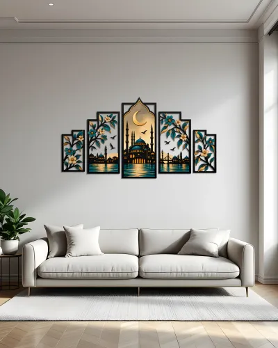 Cami ve Hilal Desenli 5 Parça Metal Tablo – duvarda görünüm