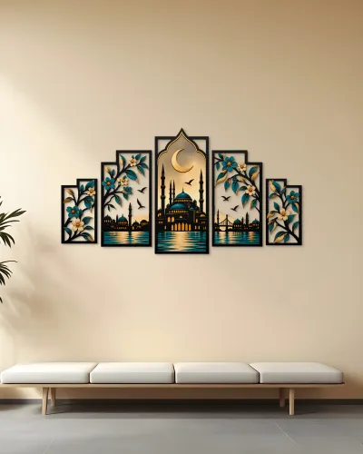 Cami ve Hilal Desenli 5 Parça Metal Tablo – duvarda görünüm