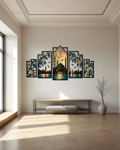 Cami ve Hilal Desenli 5 Parça Metal Tablo – duvarda görünüm