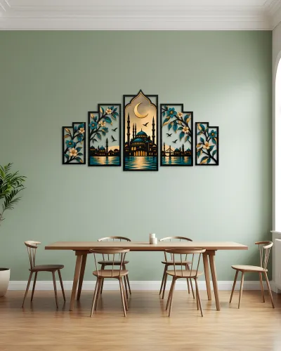 Cami ve Hilal Desenli 5 Parça Metal Tablo – duvarda görünüm