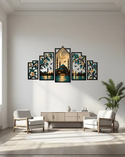 Cami ve Hilal Desenli 5 Parça Metal Tablo – duvarda görünüm